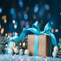 gift box wrapped in a blue bow sitting in front of blurred lights surrounded by pine and white berries